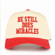 Red He Still Does Miracles Hat — snap back closure and one size fits most