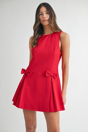 Red Pleated & Bow Detail Mini Dress