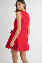 Red Pleated & Bow Detail Mini Dress