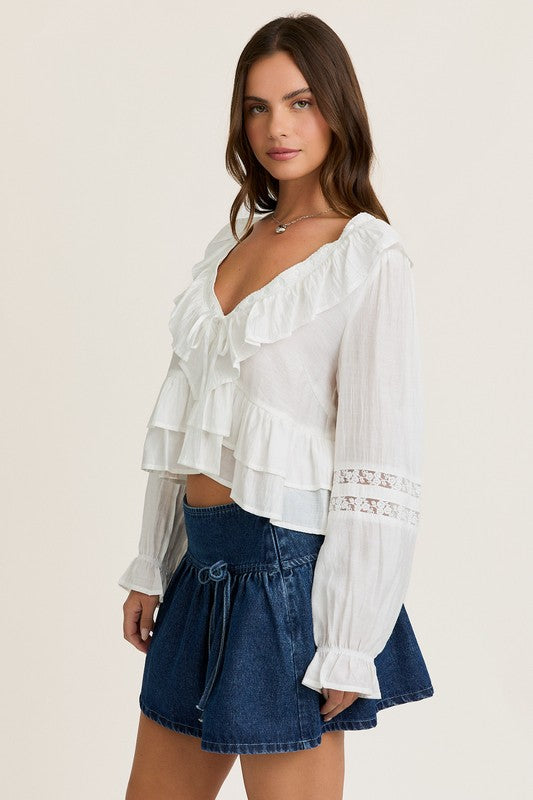 White V-neck Ruffle Top
