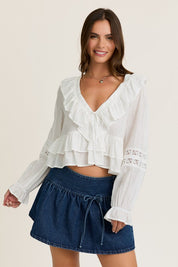 White V-neck Ruffle Top