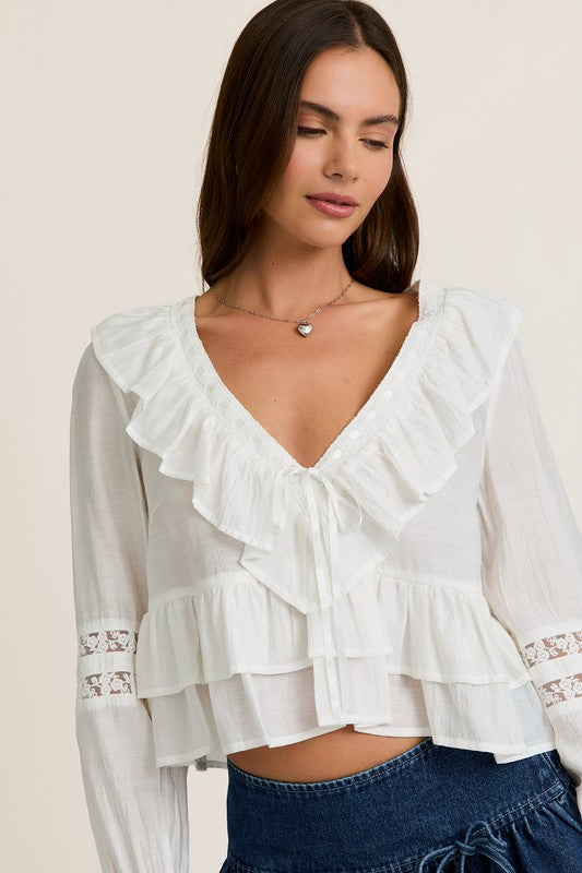 White V-neck Ruffle Top