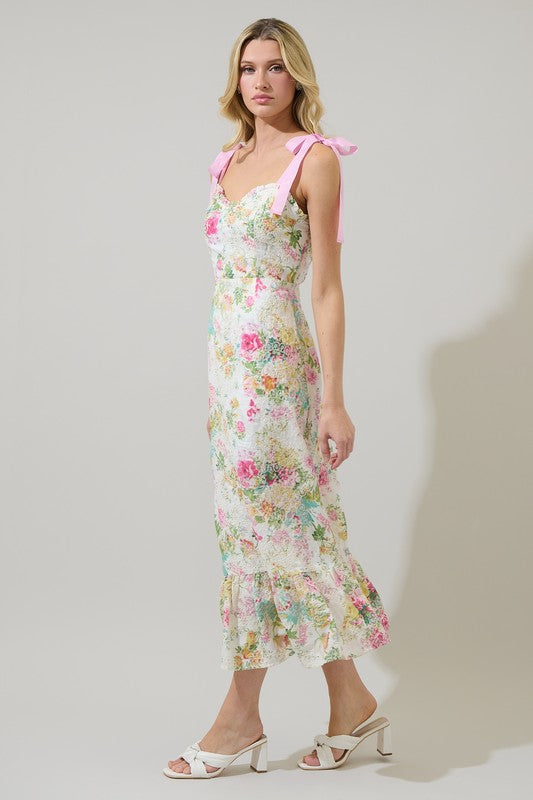 White Floral Villa Eyelet Midi Dress