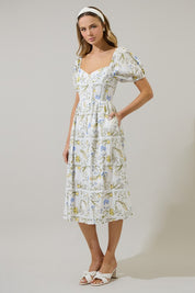 White Floral Puff Sleeve Midi Dres