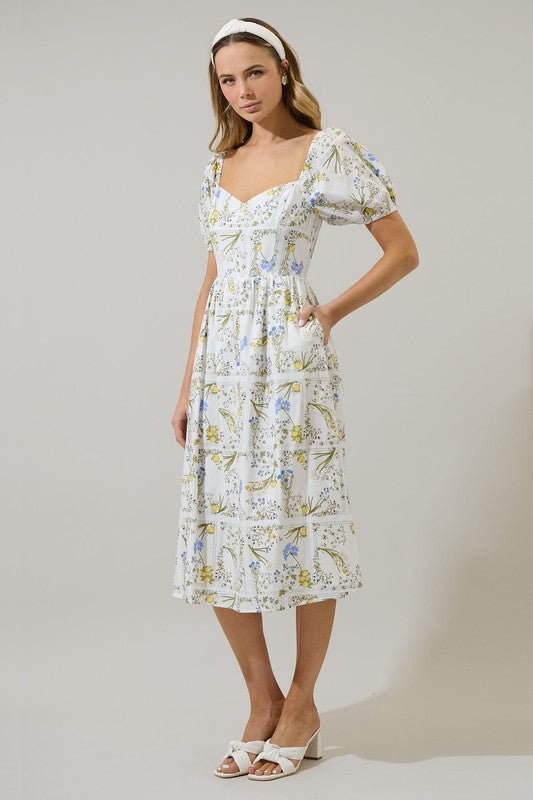 White Floral Puff Sleeve Midi Dres