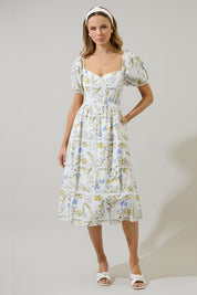 White Floral Puff Sleeve Midi Dres