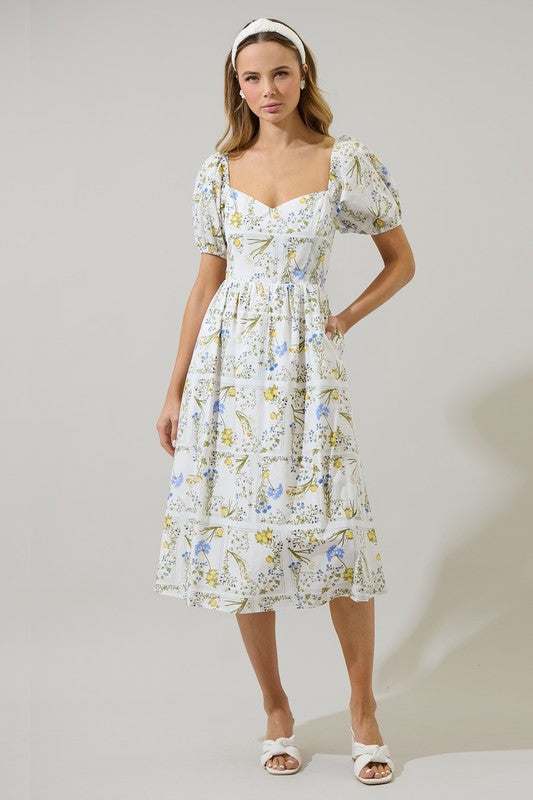 White Floral Puff Sleeve Midi Dres