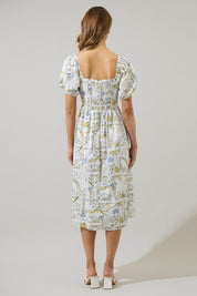 White Floral Puff Sleeve Midi Dres