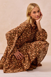 Brown Floral Print Corduroy Dress