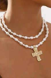 Pearl Beaded Layered Cross Necklace