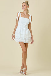 White Shoulder Tie Double Tiered Mini Dress