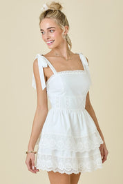 White Shoulder Tie Double Tiered Mini Dress