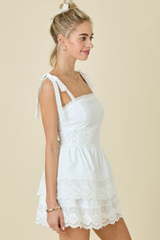 White Shoulder Tie Double Tiered Mini Dress