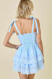 Blue Shoulder Tie Double Tiered Mini Dress
