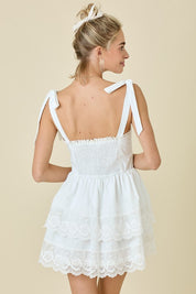 White Shoulder Tie Double Tiered Mini Dress