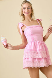 Pink Shoulder Tie Double Tiered Mini Dress