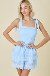 Blue Shoulder Tie Double Tiered Mini Dress