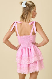 Pink Shoulder Tie Double Tiered Mini Dress