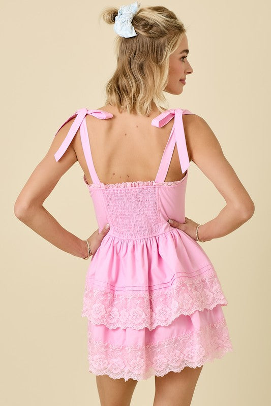 Pink Shoulder Tie Double Tiered Mini Dress
