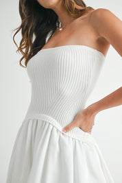 White Ribbed Balloon Tube Mini Dress