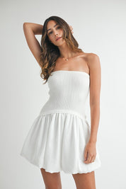 White Ribbed Balloon Tube Mini Dress