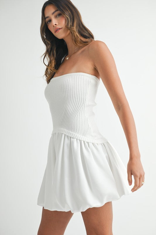 White Ribbed Balloon Tube Mini Dress