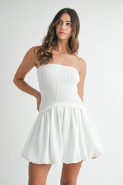 White Ribbed Balloon Tube Mini Dress