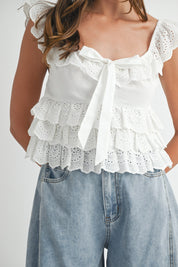 White Eyelet Ruffle Tie Top