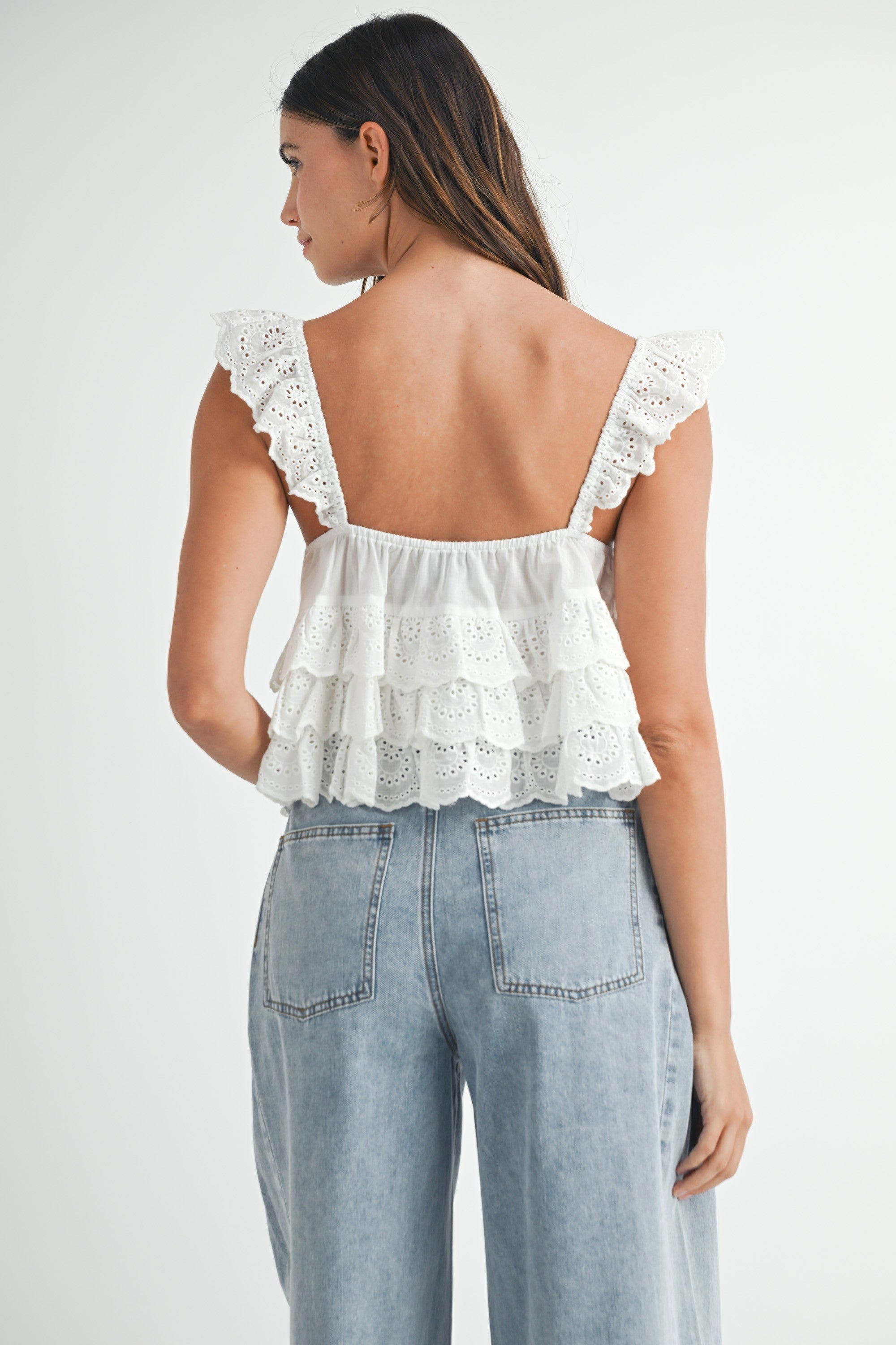 White Eyelet Ruffle Tie Top