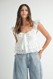 White Eyelet Ruffle Tie Top