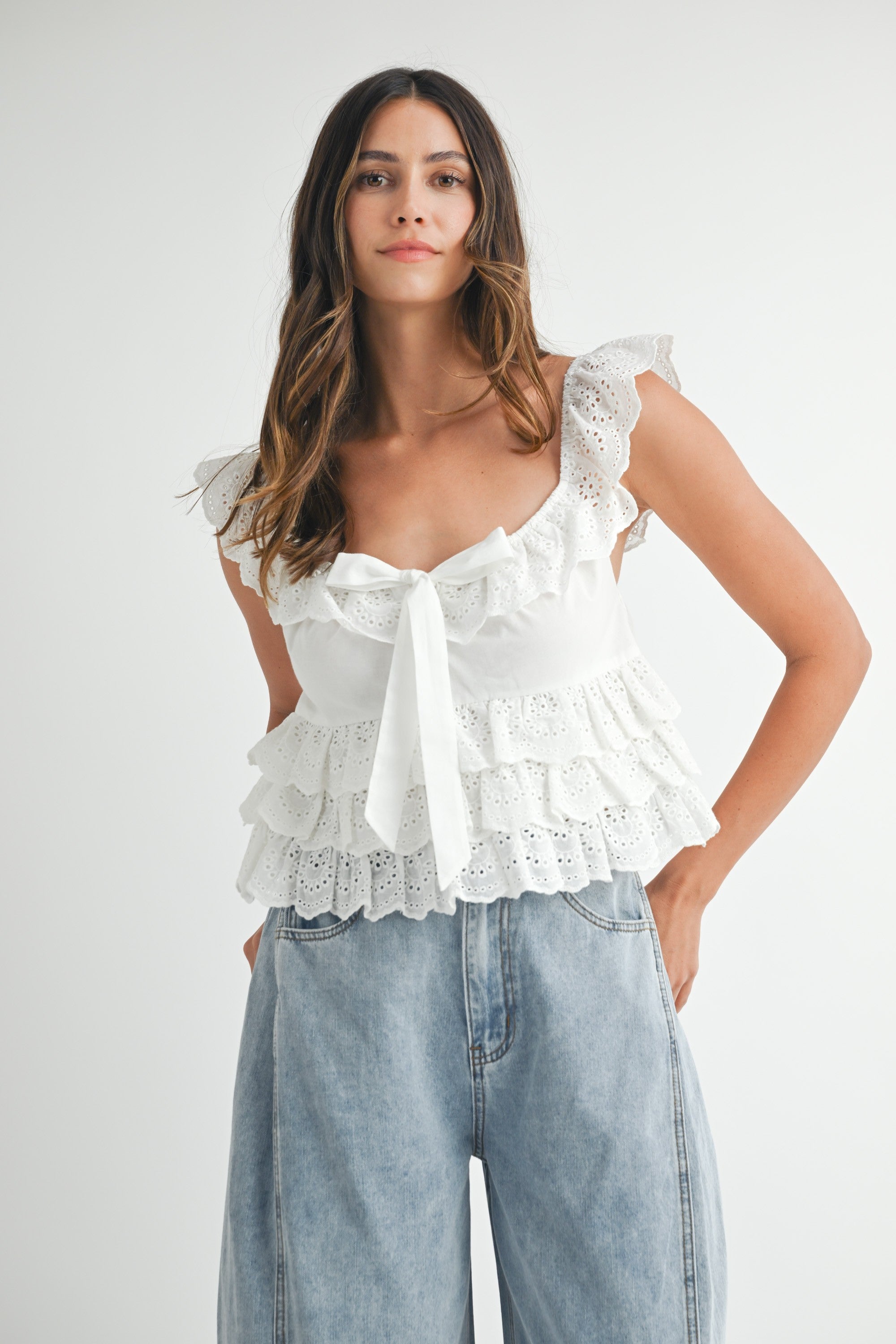 White Eyelet Ruffle Tie Top