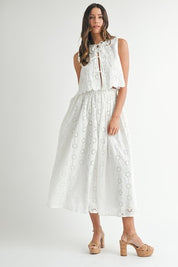 Eyelet Lace Self Tie Blouse And Midi Skirt Set
