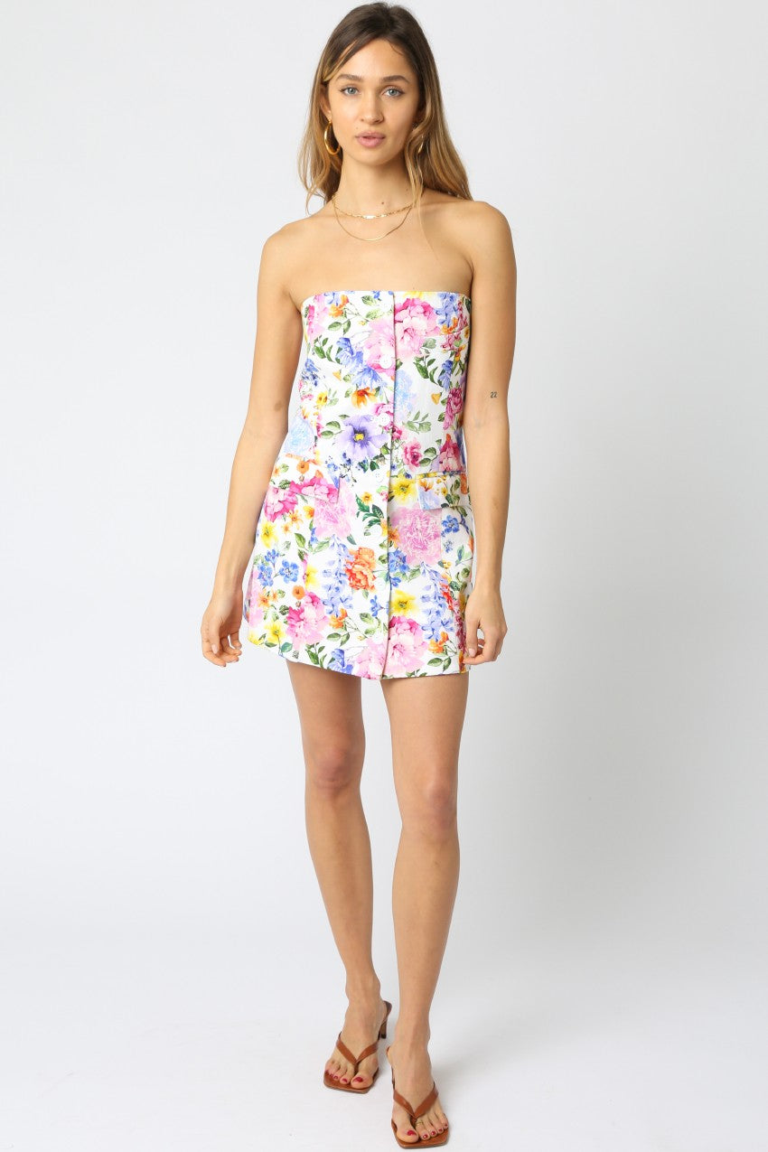 White Multi Floral Strapless Dress