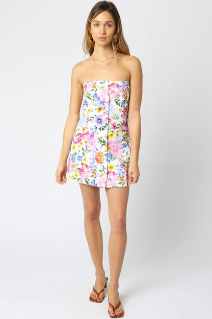 White Multi Floral Strapless Dress
