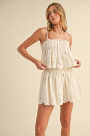 Embroidered Cami And Shorts Set With Lace Trim