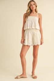 Embroidered Cami And Shorts Set With Lace Trim