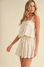 Embroidered Cami And Shorts Set With Lace Trim
