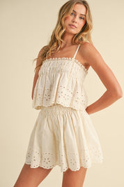 Embroidered Cami And Shorts Set With Lace Trim