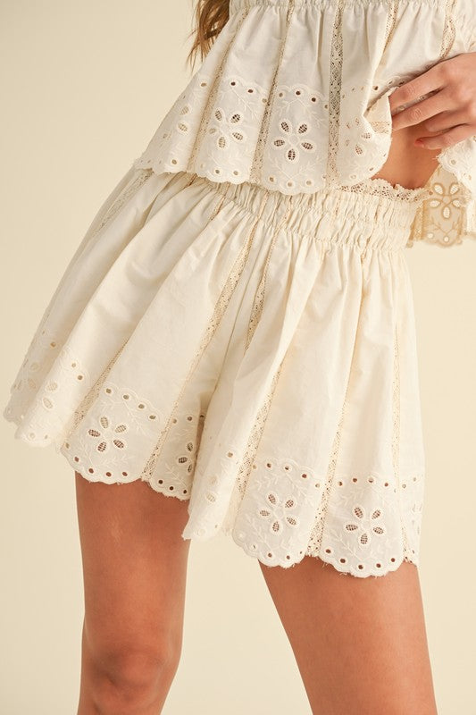 Embroidered Cami And Shorts Set With Lace Trim