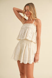 Embroidered Cami And Shorts Set With Lace Trim