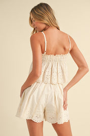 Embroidered Cami And Shorts Set With Lace Trim
