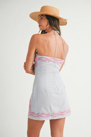 Blue Embroidered Halter Neck Dress