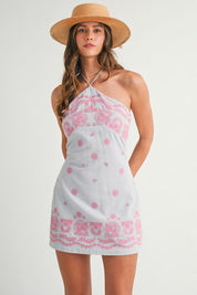 Blue Embroidered Halter Neck Dress