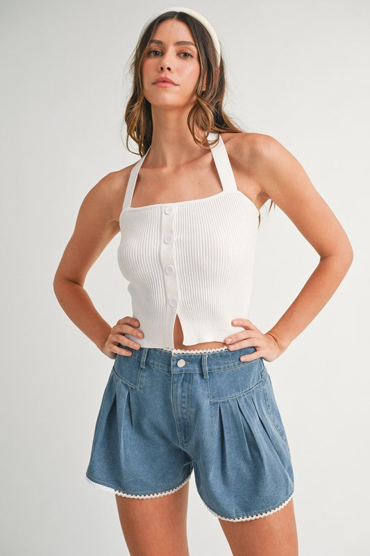 White Button Halter Neck Top