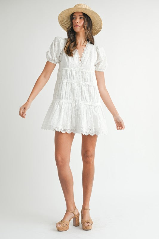 White Eyelet lace V-Neck Dress