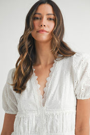 White Eyelet lace V-Neck Dress