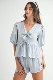 Blue Scallop Hem Top & Shorts Set