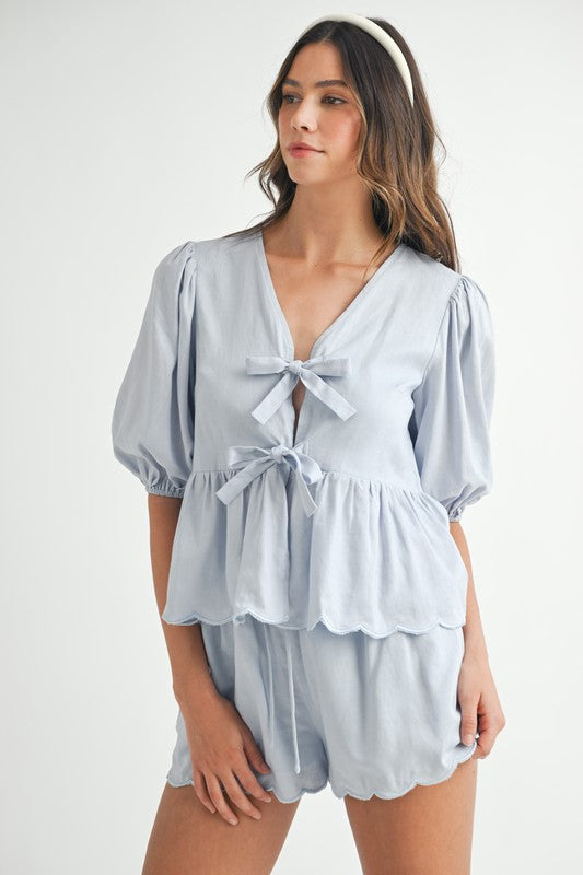 Blue Scallop Hem Top & Shorts Set