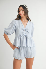 Blue Scallop Hem Top & Shorts Set