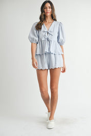 Blue Scallop Hem Top & Shorts Set